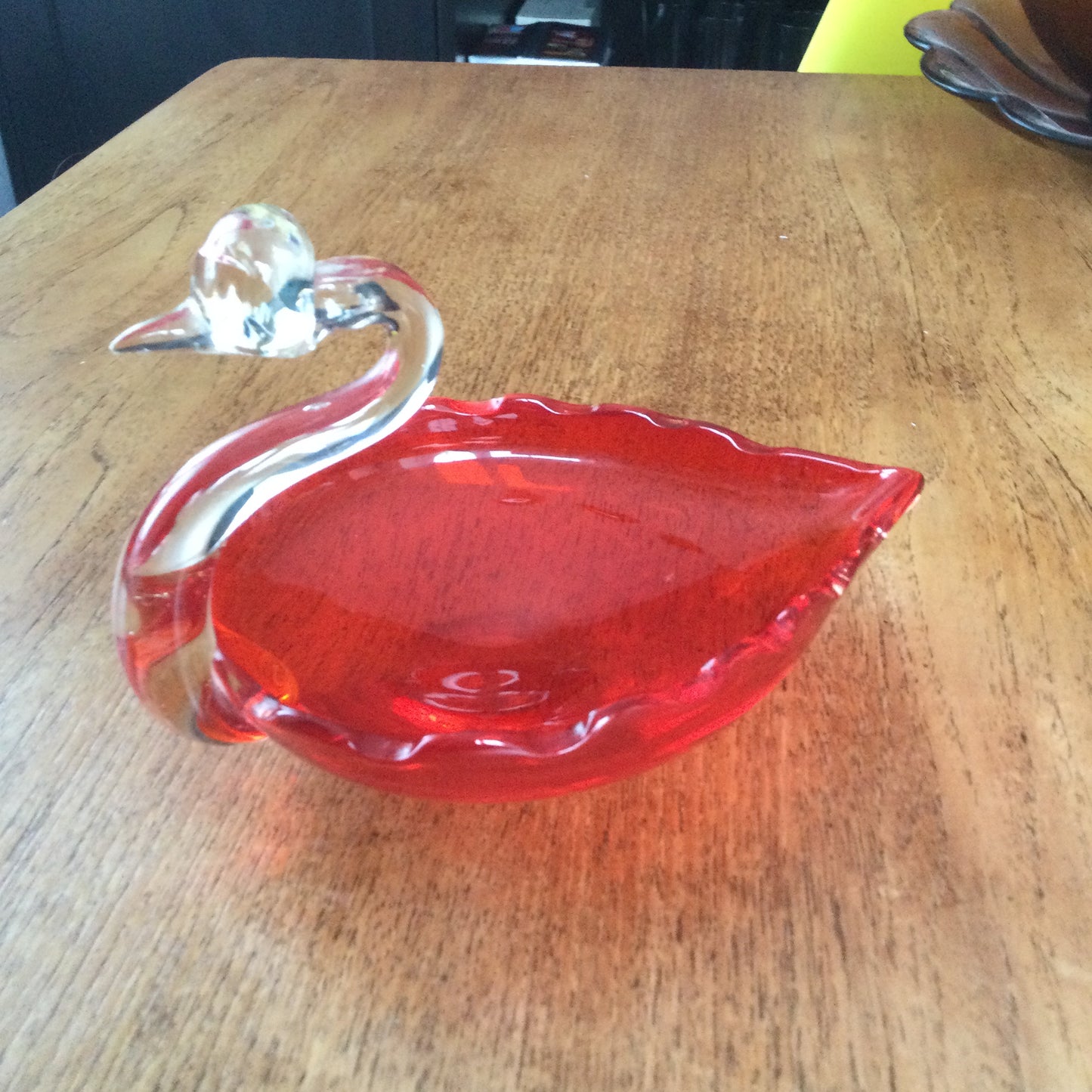 Vintage Glass Swan Dish. Bright Orange / Red. Great retro Mid Century piece. C.1950s. Coloured glass.