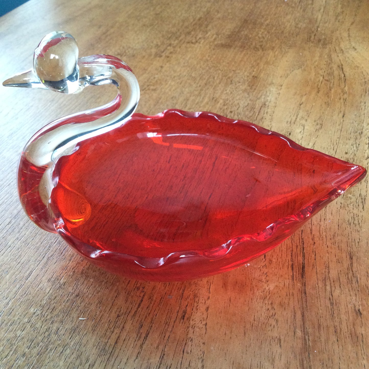 Vintage Glass Swan Dish. Bright Orange / Red. Great retro Mid Century piece. C.1950s. Coloured glass.