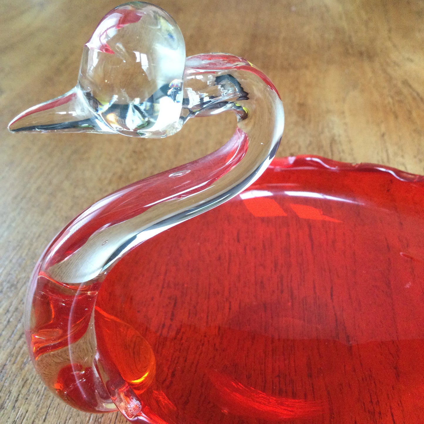 Vintage Glass Swan Dish. Bright Orange / Red. Great retro Mid Century piece. C.1950s. Coloured glass.