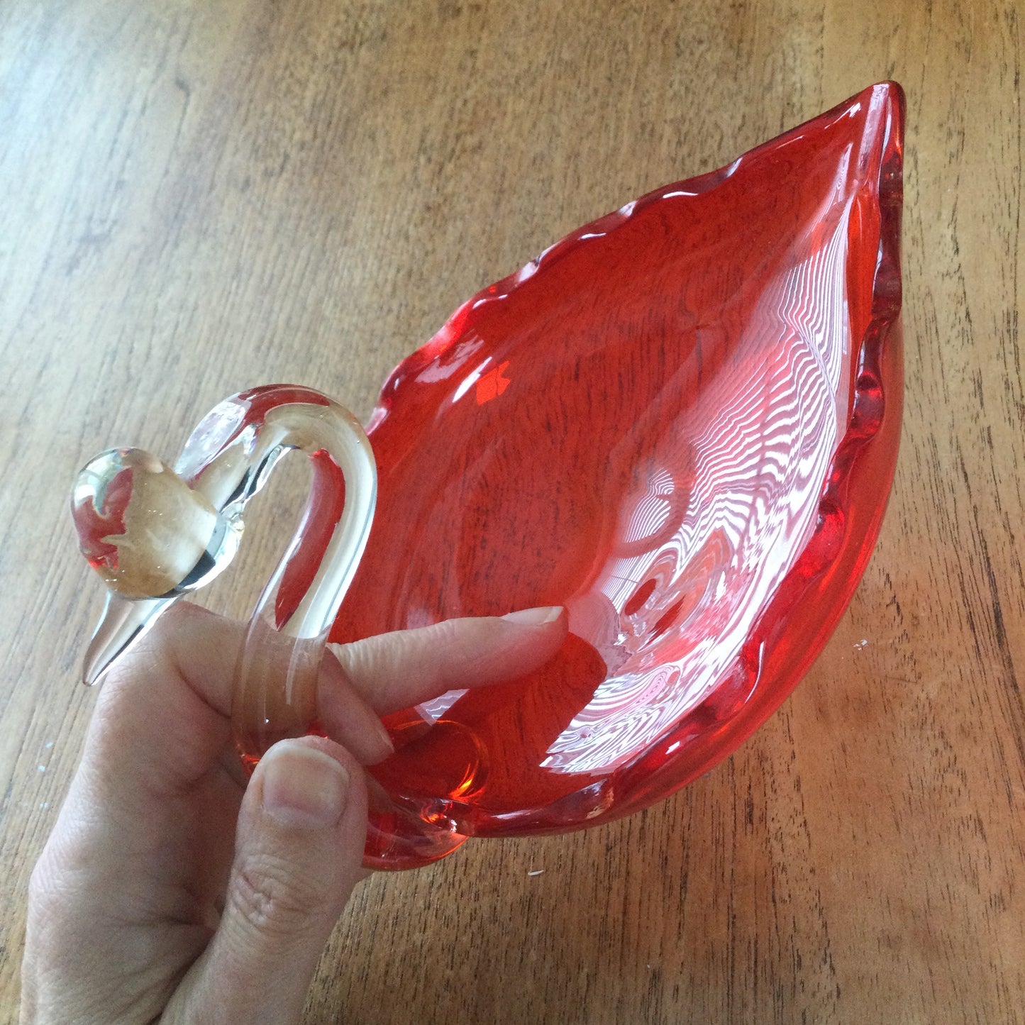 Vintage Glass Swan Dish. Bright Orange / Red. Great retro Mid Century piece. C.1950s. Coloured glass.