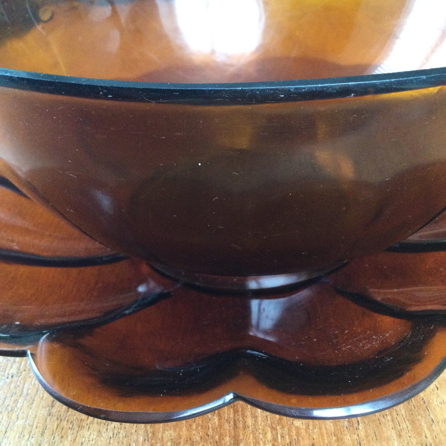 Vintage Amber/Brown Glass Salad Bowl & Large Scalloped Edge Matching Plate/Saucer – Possibly French. Surface Scratches and Wear