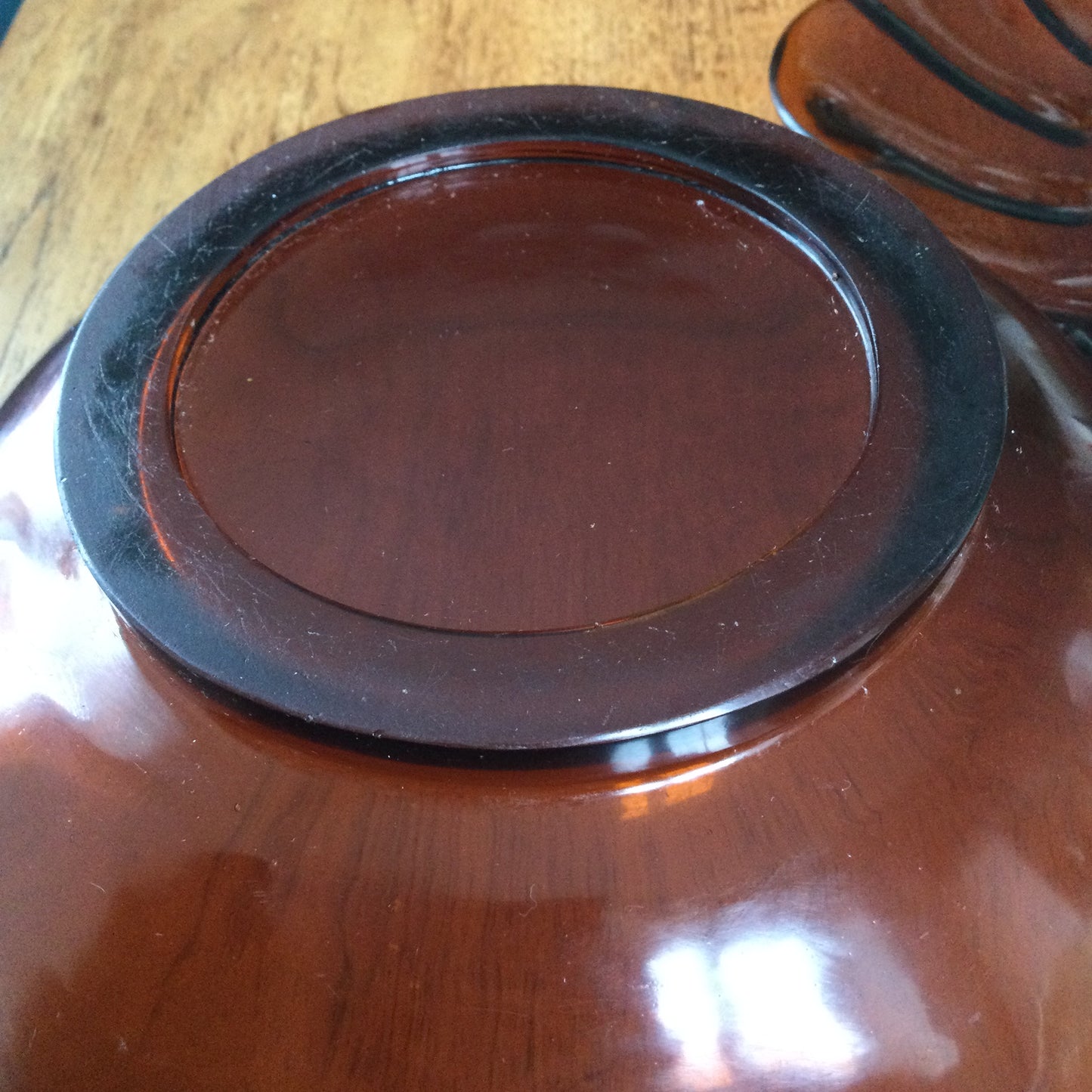 Vintage Amber/Brown Glass Salad Bowl & Large Scalloped Edge Matching Plate/Saucer – Possibly French. Surface Scratches and Wear