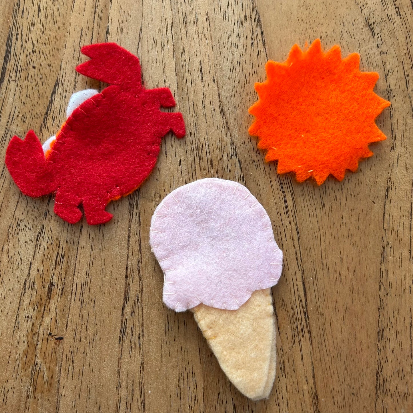 Set of 3 Hand Made Summer / Beach Theme Felt Finger Puppets. Crab, Ice Cream, Sun. Cute And Smiley!