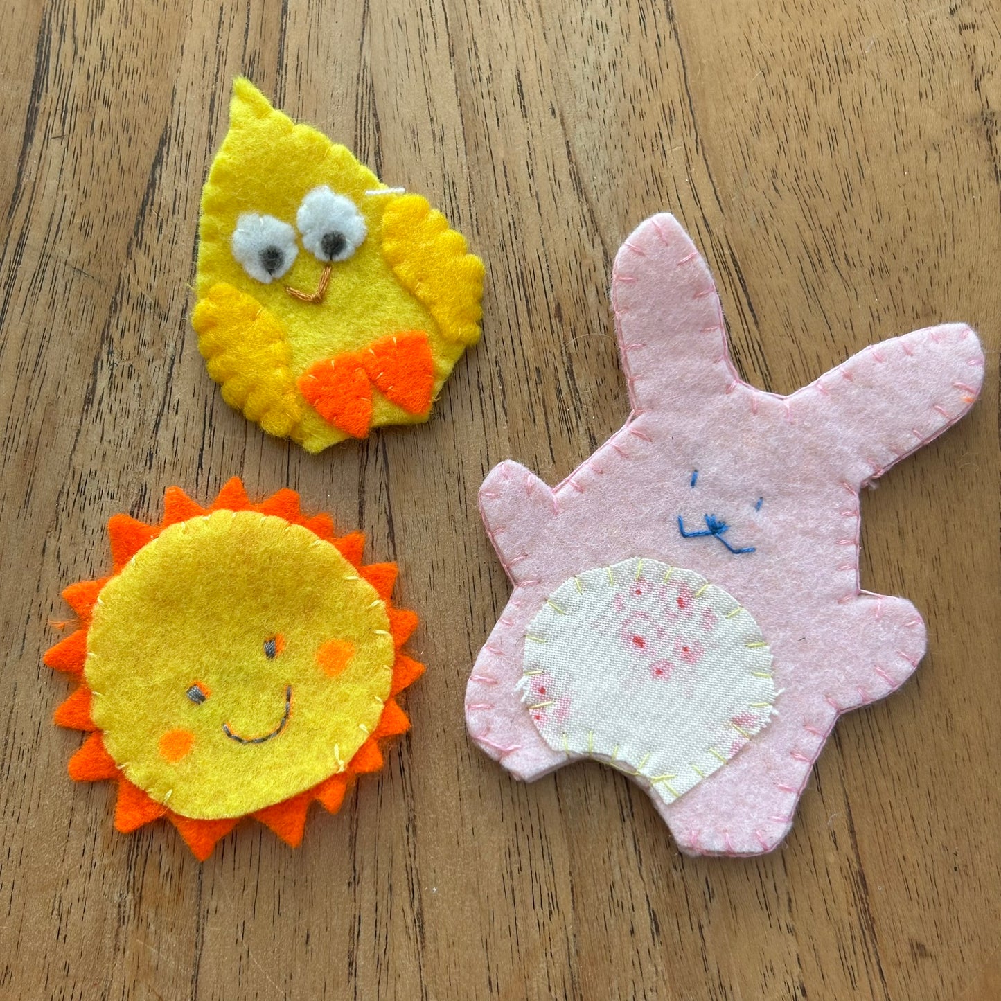 Set of 3 Hand Made Easter / Spring Theme Felt Finger Puppets. Sunshine, Chick, Easter Bunny.