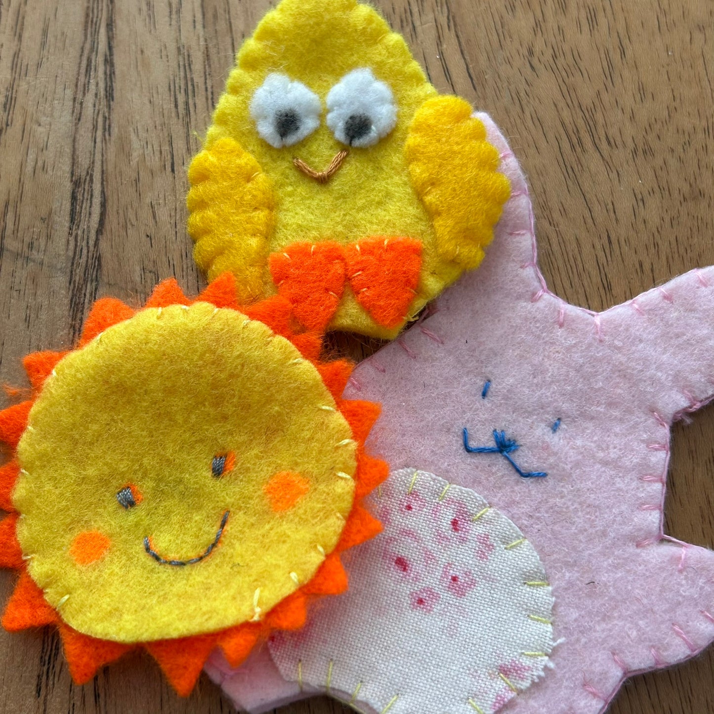 Set of 3 Hand Made Easter / Spring Theme Felt Finger Puppets. Sunshine, Chick, Easter Bunny.