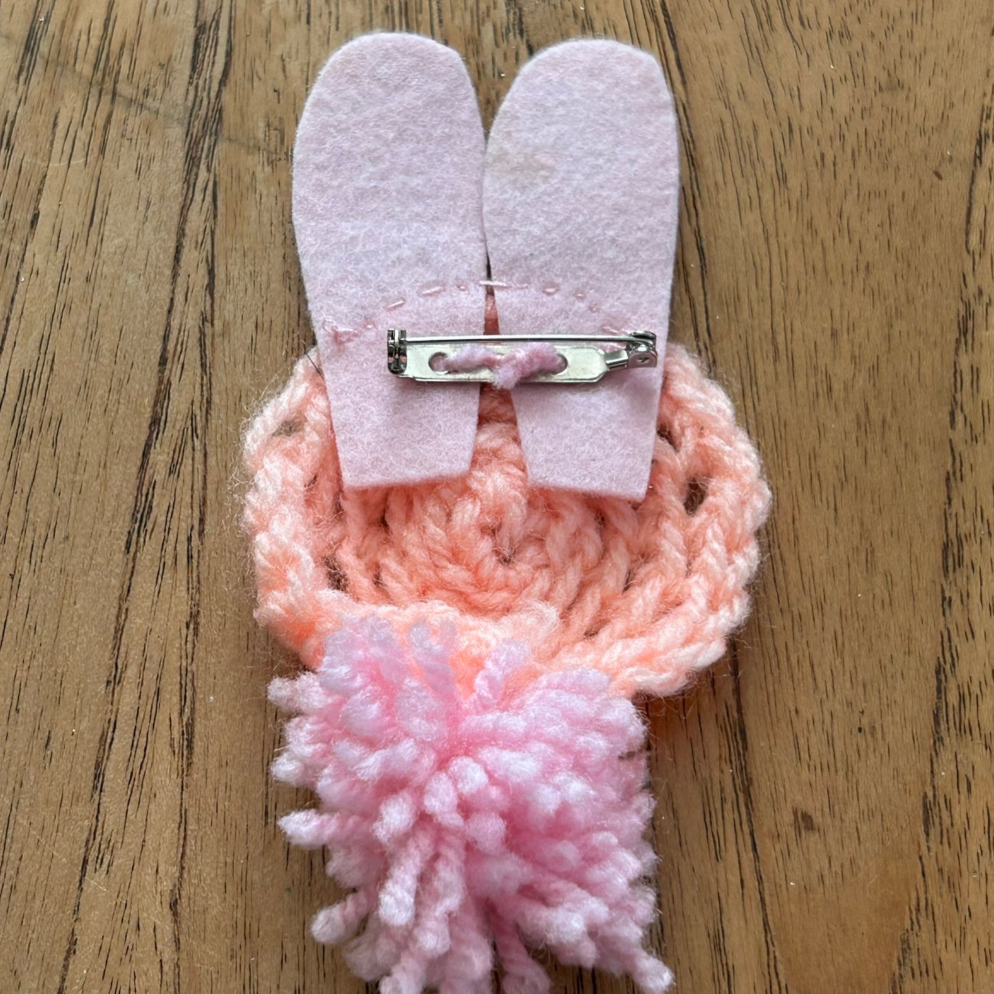 Handmade Crocheted Brooch. Easter Bunny. Retro Vintage Style Made in UK. Pastel pink and orange.