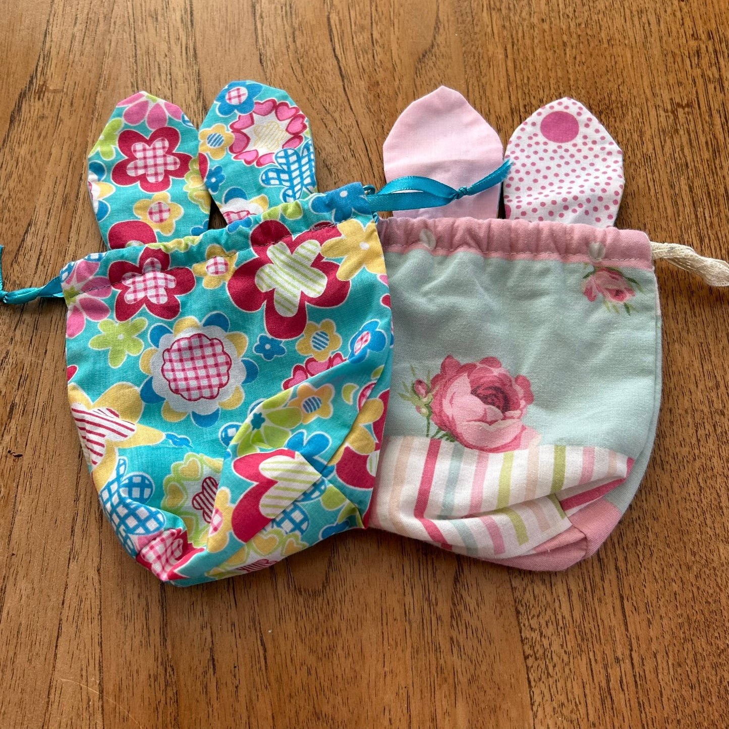 Set of 2 Mini Easter Egg Drawstring Bags With Bunny Ears- Perfect For Mini Eggs. Handmade In UK. Pretty floral fabric - reusable.