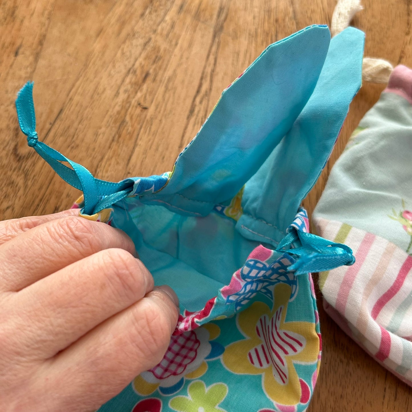 Set of 2 Mini Easter Egg Drawstring Bags With Bunny Ears- Perfect For Mini Eggs. Handmade In UK. Pretty floral fabric - reusable.