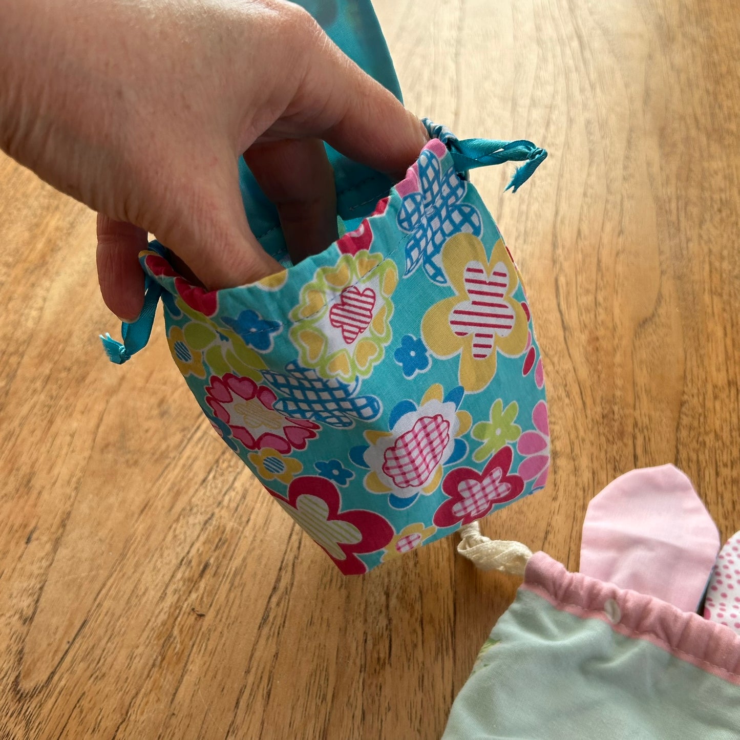 Set of 2 Mini Easter Egg Drawstring Bags With Bunny Ears- Perfect For Mini Eggs. Handmade In UK. Pretty floral fabric - reusable.