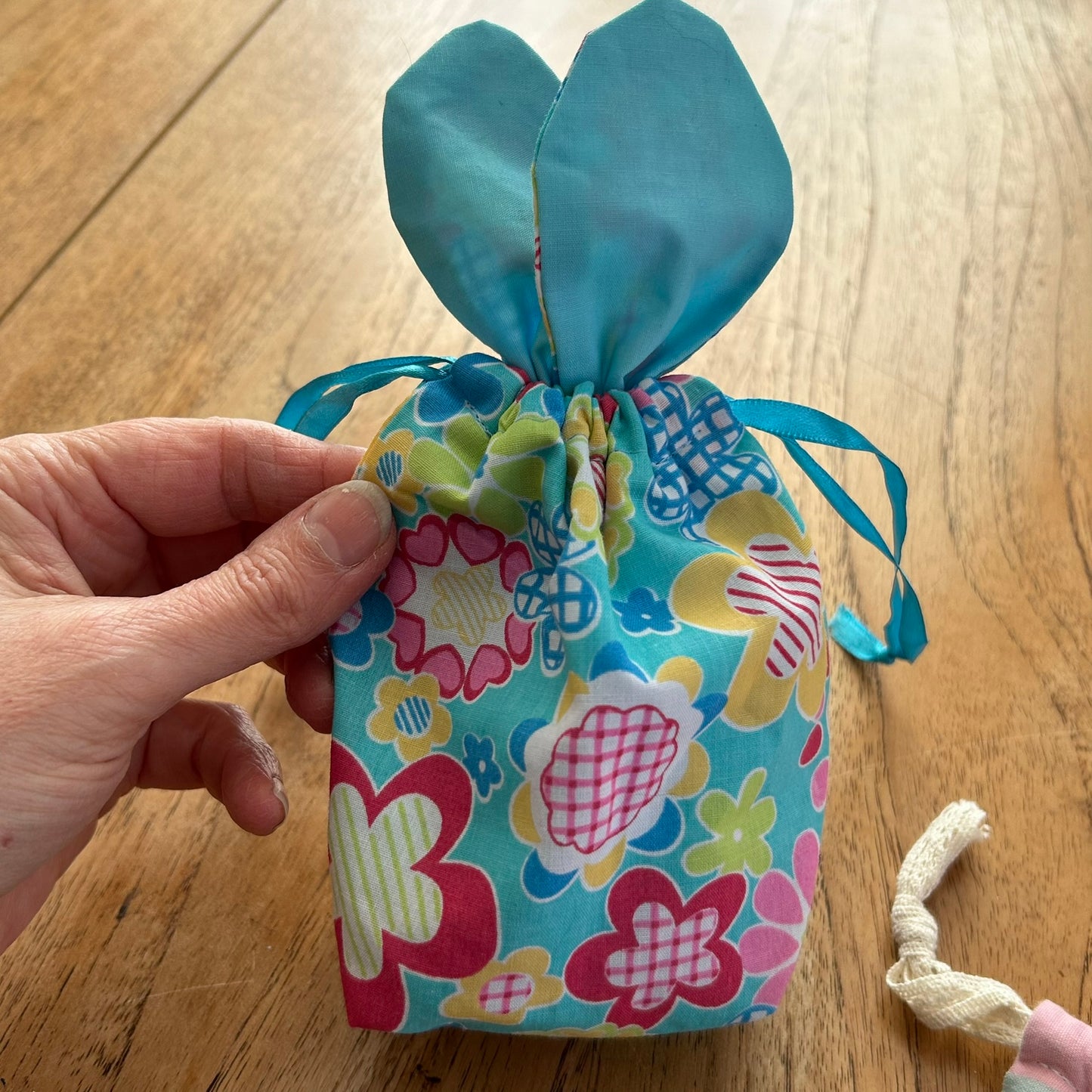 Set of 2 Mini Easter Egg Drawstring Bags With Bunny Ears- Perfect For Mini Eggs. Handmade In UK. Pretty floral fabric - reusable.