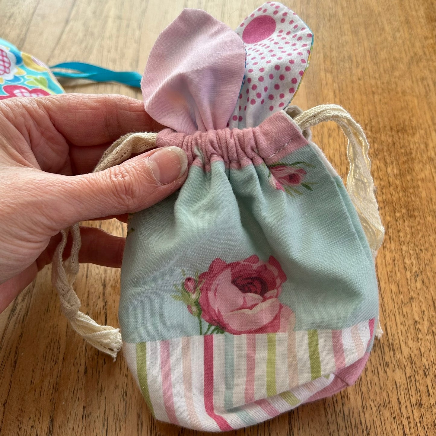 Set of 2 Mini Easter Egg Drawstring Bags With Bunny Ears- Perfect For Mini Eggs. Handmade In UK. Pretty floral fabric - reusable.