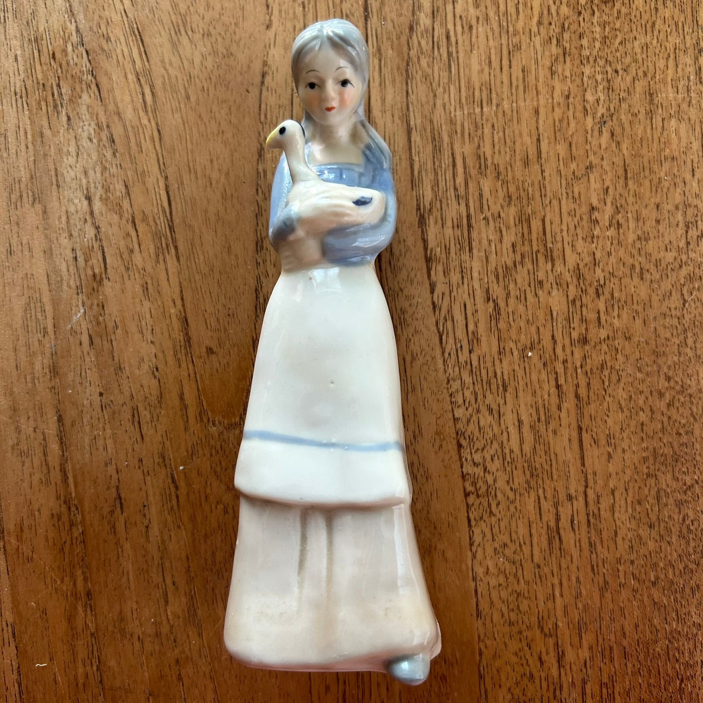 Vintage Goose Girl / Girl With Duck Figure Figurine Ornament. 17.5cm high. Sweet blue and white Lladro style.
