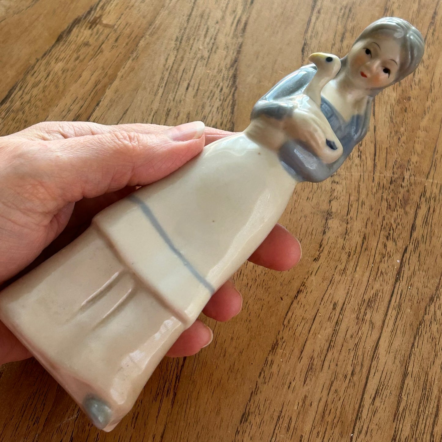 Vintage Goose Girl / Girl With Duck Figure Figurine Ornament. 17.5cm high. Sweet blue and white Lladro style.