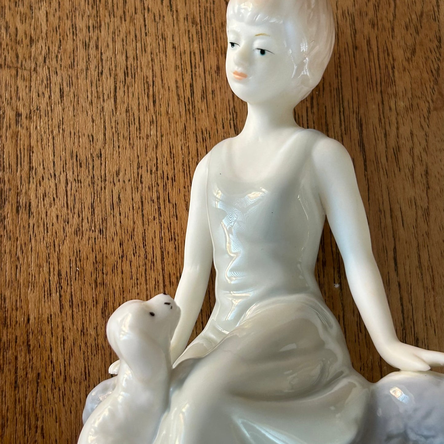 Vintage Girl Figure / Figurine / Ornament - Girl with puppy on lap - 20 cm high - Blue and white Lladro style
