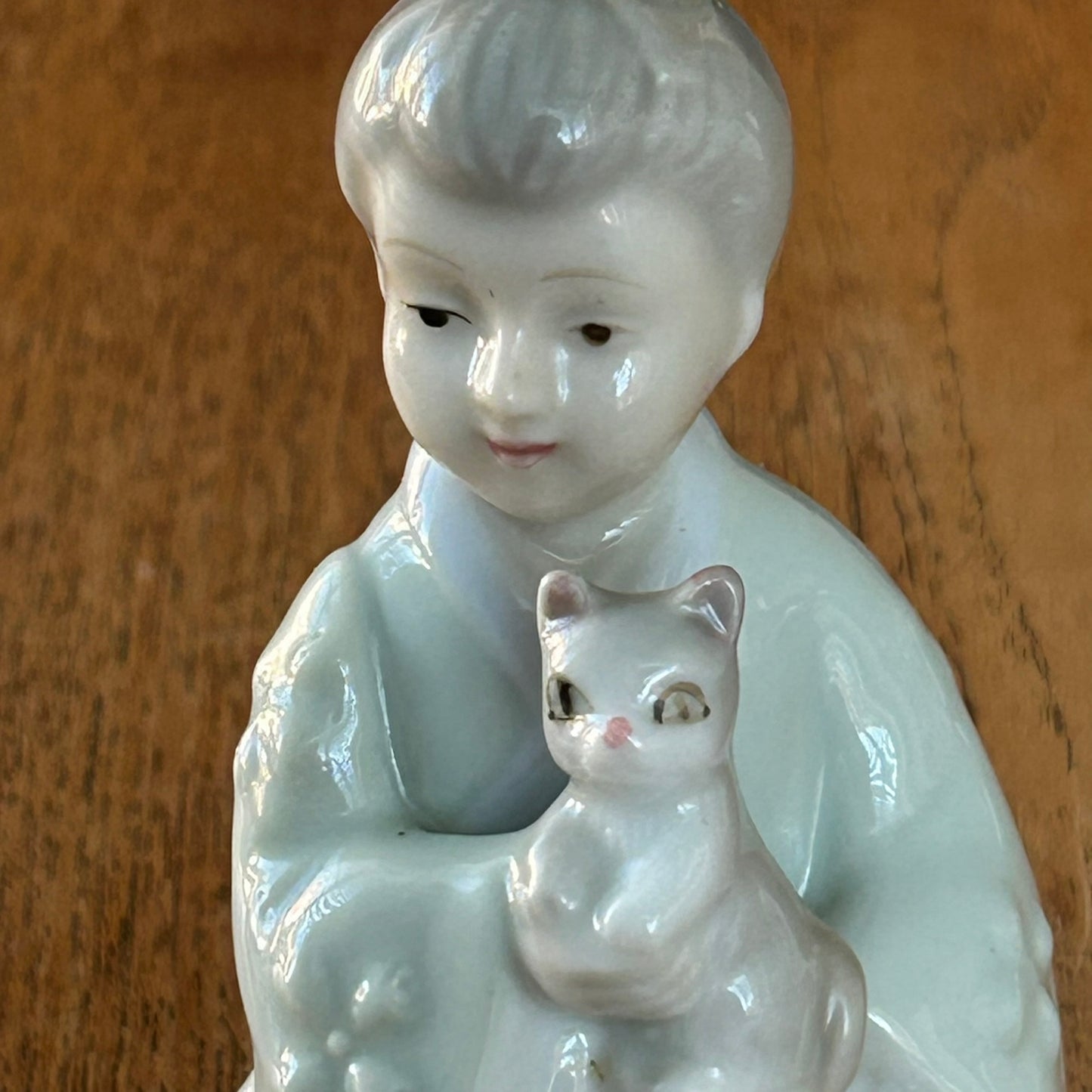 Vintage Figurine - Kneeling Lady In Kimono Holding Cat - Pale blue, grey, white porcelain - very sweet