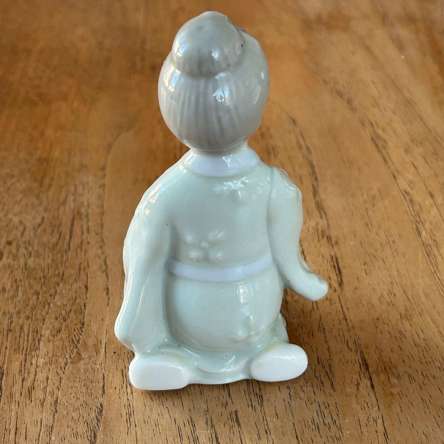 Vintage Figurine - Kneeling Lady In Kimono Holding Cat - Pale blue, grey, white porcelain - very sweet