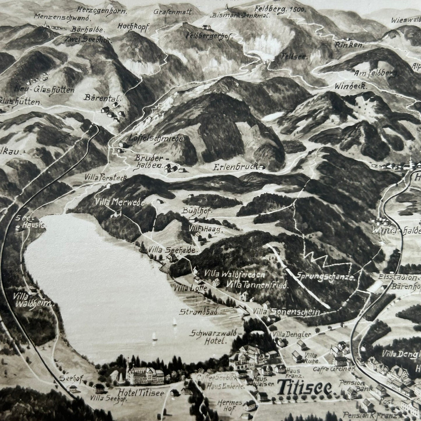 Vintage postcard - GERMANY - Titisee - Aerial View Drawing - Schwarzwald Hotel - Black and white