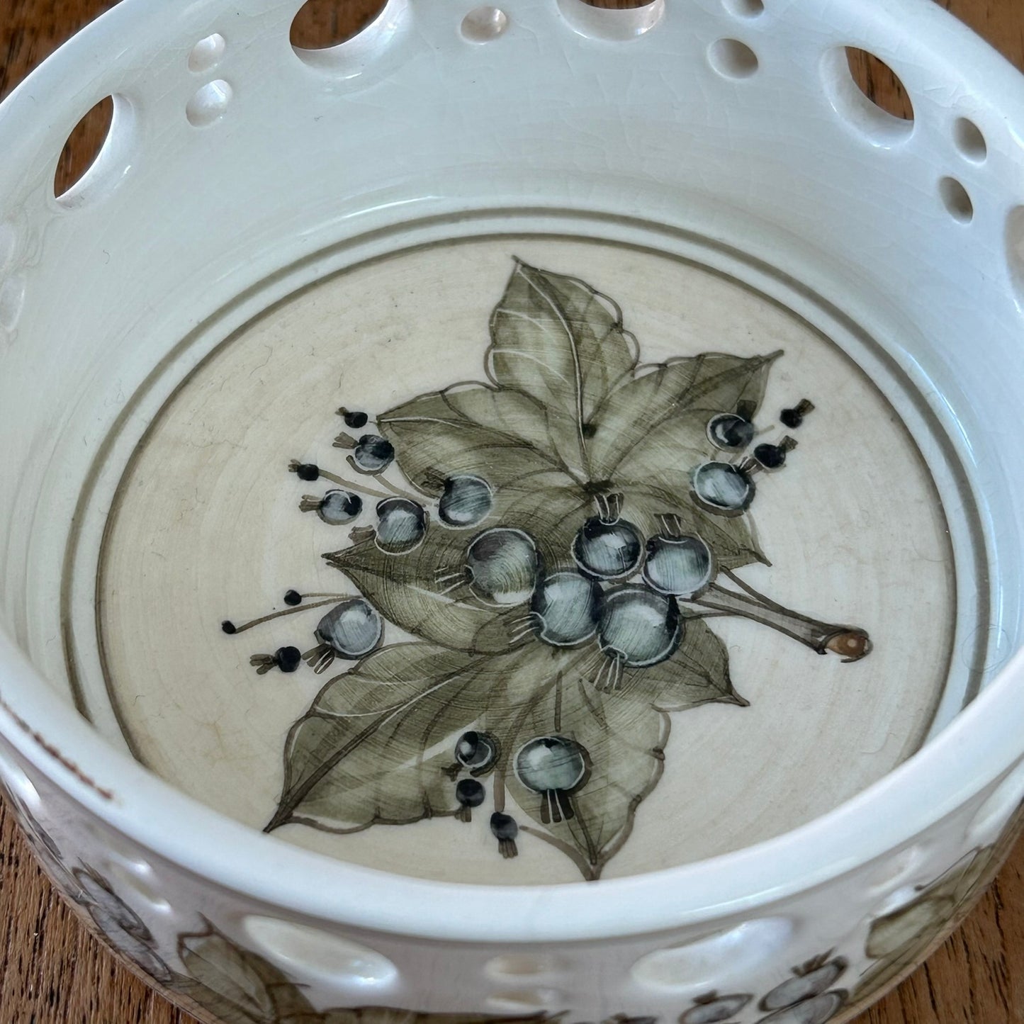 Vintage Jersey Pottery CL Hand Crafted Ceramic Small Round Bottle Stand - Artisan Studio Made Pillar Candle Holder - Blueberry design