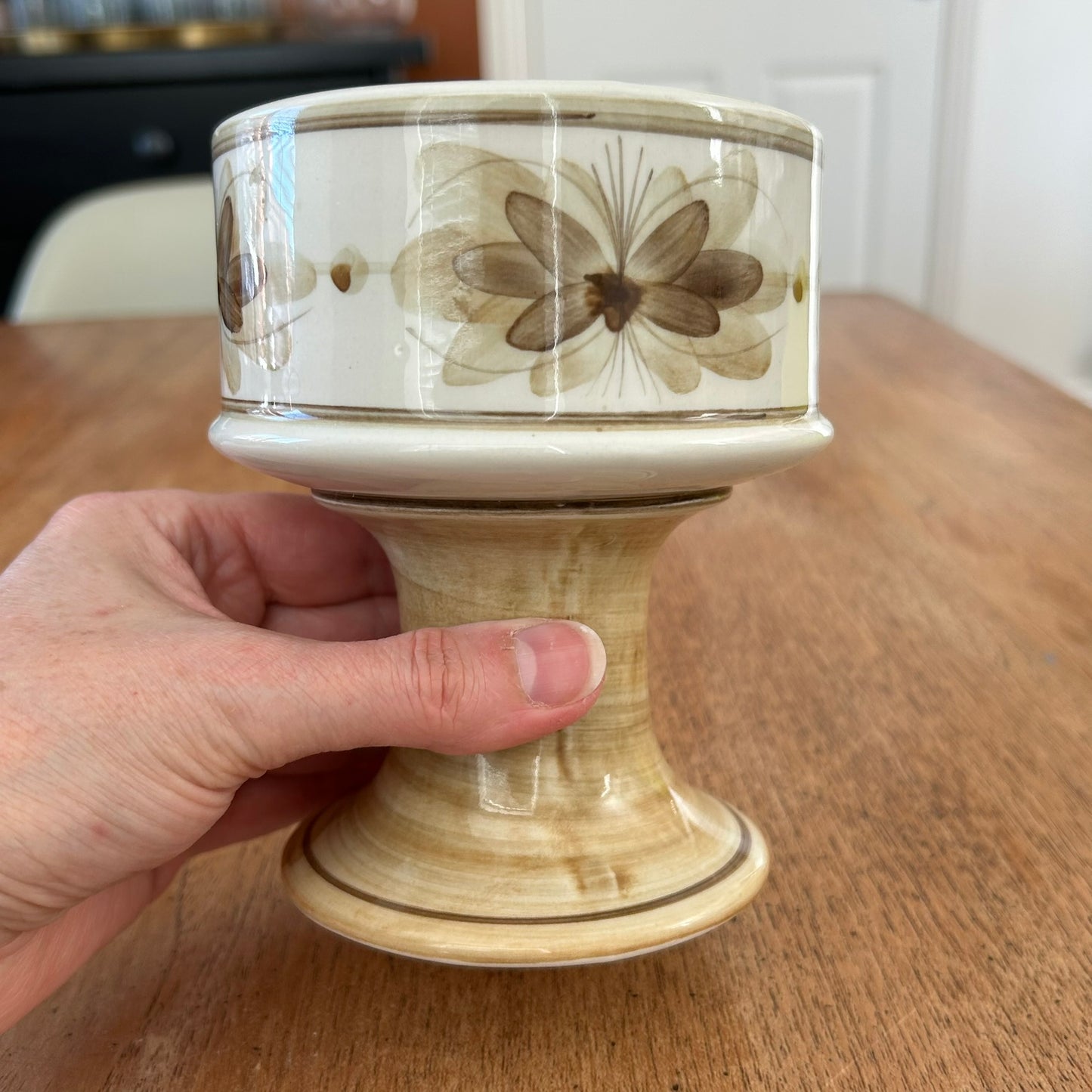 Superb Vintage Jersey Pottery Goblet Vase / Chunky Pillar Candle Holder - Pale Brown - Hand-Painted