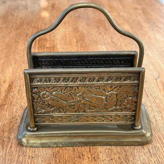 Vintage Brass Plated Letter Rack – Embossed Bird Design - 15 cm high - Rustic Hallway Decor