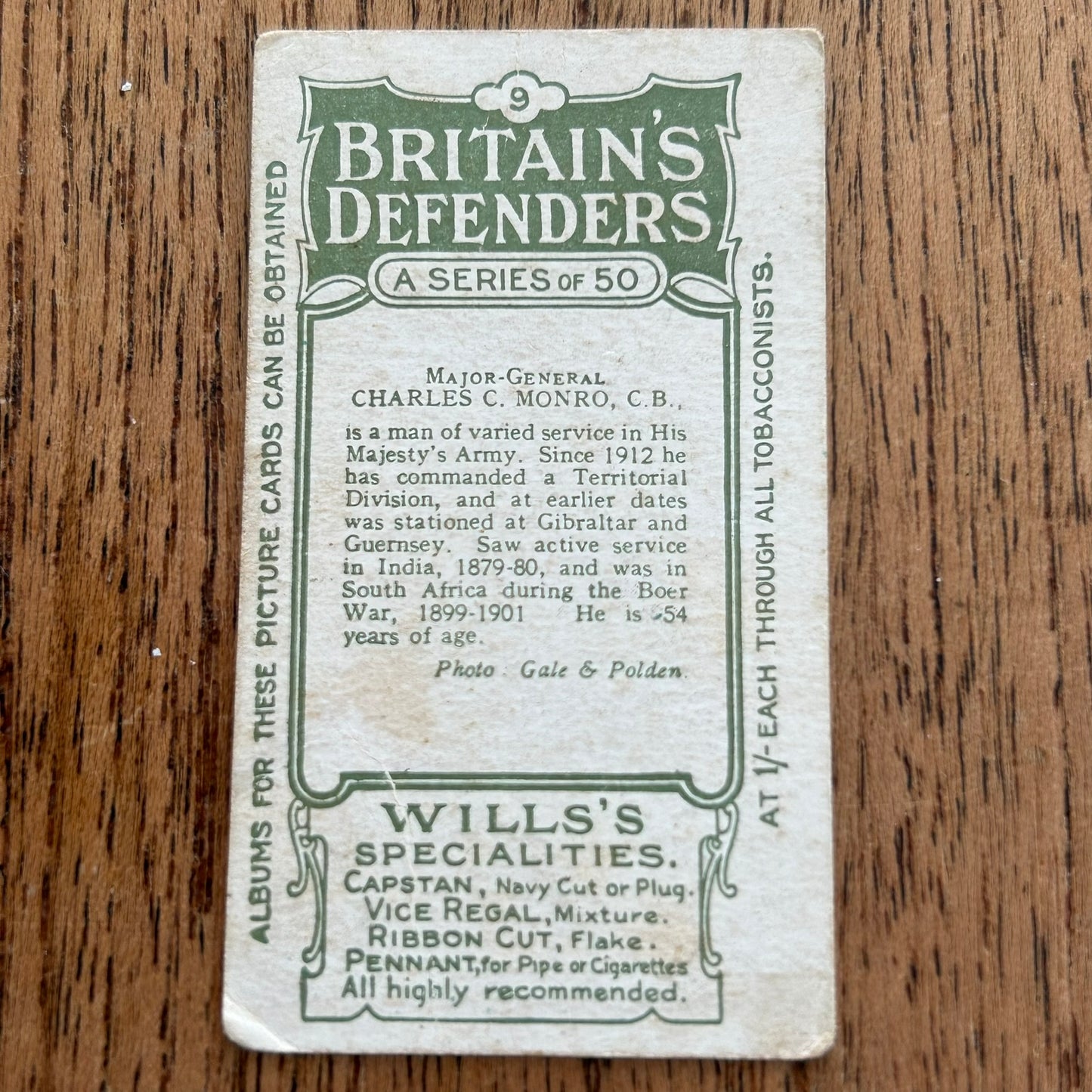 Wills Cigarette Cards - Britain's Defenders (Green back) - 1915 - Sold Individually - Please pick from the drop-down menu