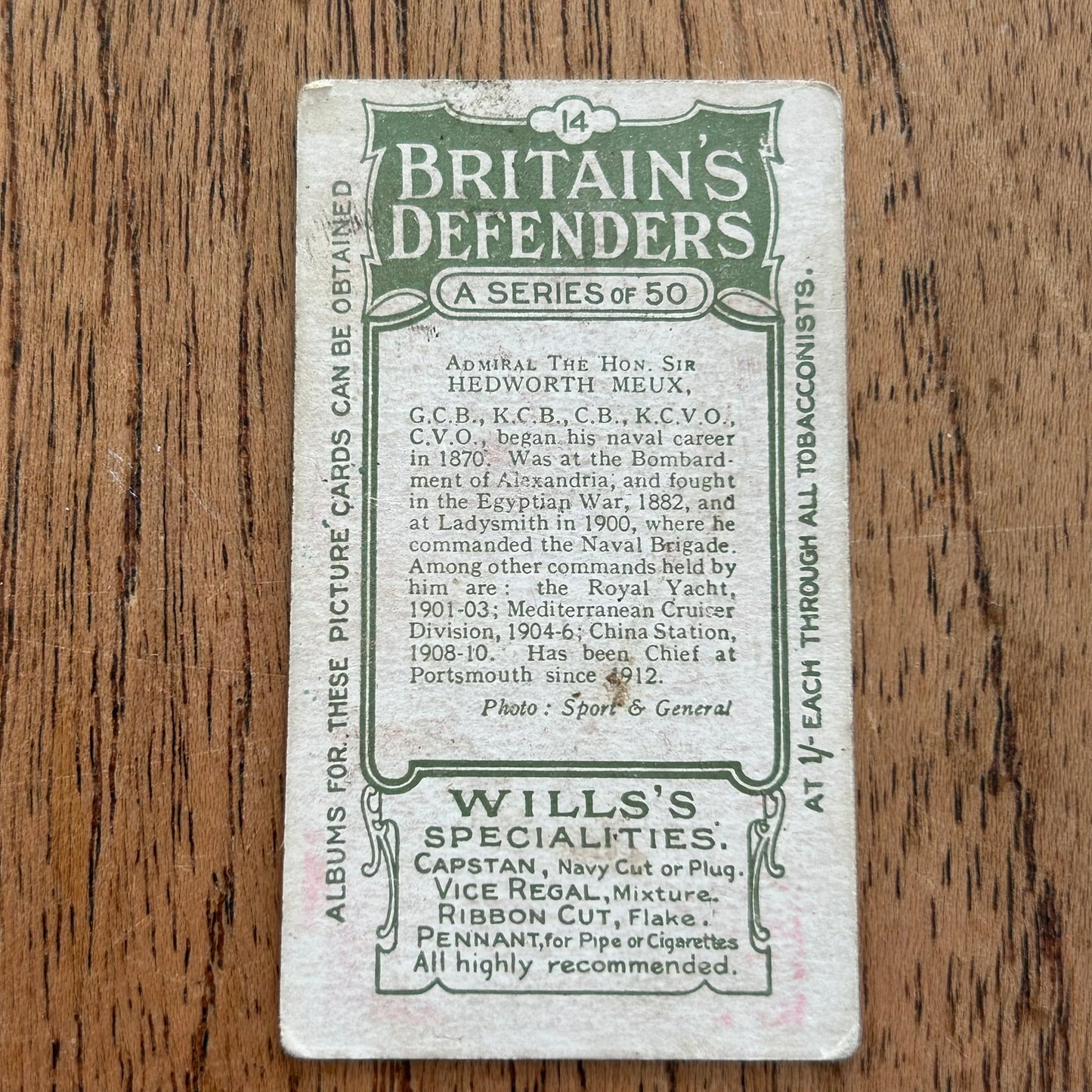 Wills Cigarette Cards - Britain's Defenders (Green back) - 1915 - Sold Individually - Please pick from the drop-down menu