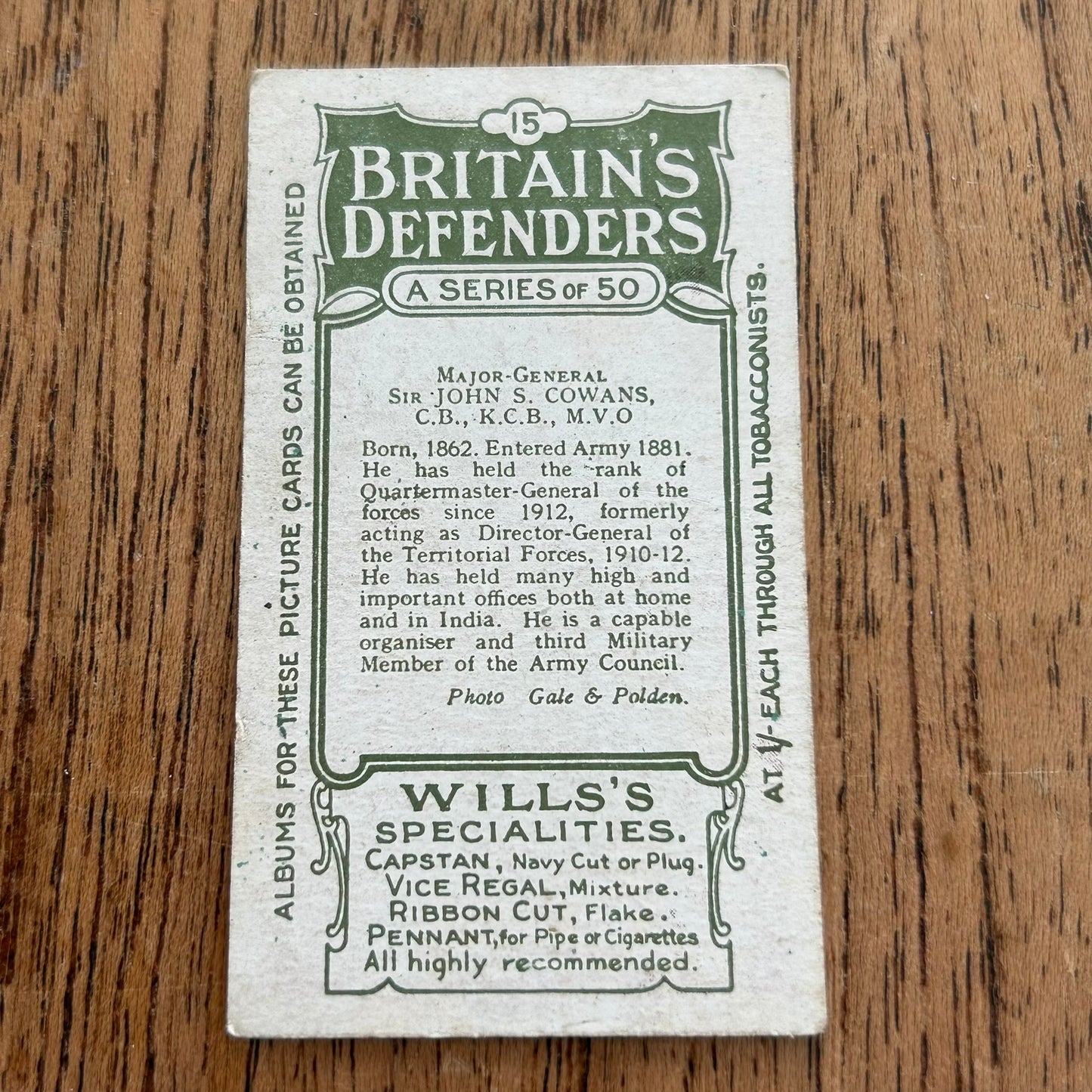 Wills Cigarette Cards - Britain's Defenders (Green back) - 1915 - Sold Individually - Please pick from the drop-down menu