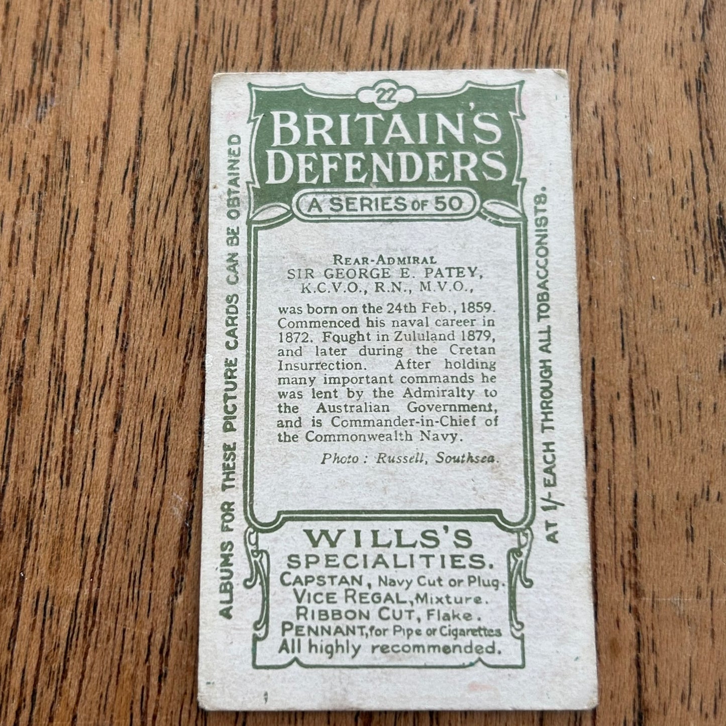 Wills Cigarette Cards - Britain's Defenders (Green back) - 1915 - Sold Individually - Please pick from the drop-down menu