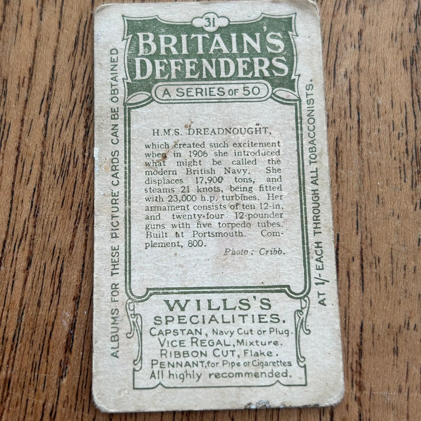 Wills Cigarette Cards - Britain's Defenders (Green back) - 1915 - Sold Individually - Please pick from the drop-down menu