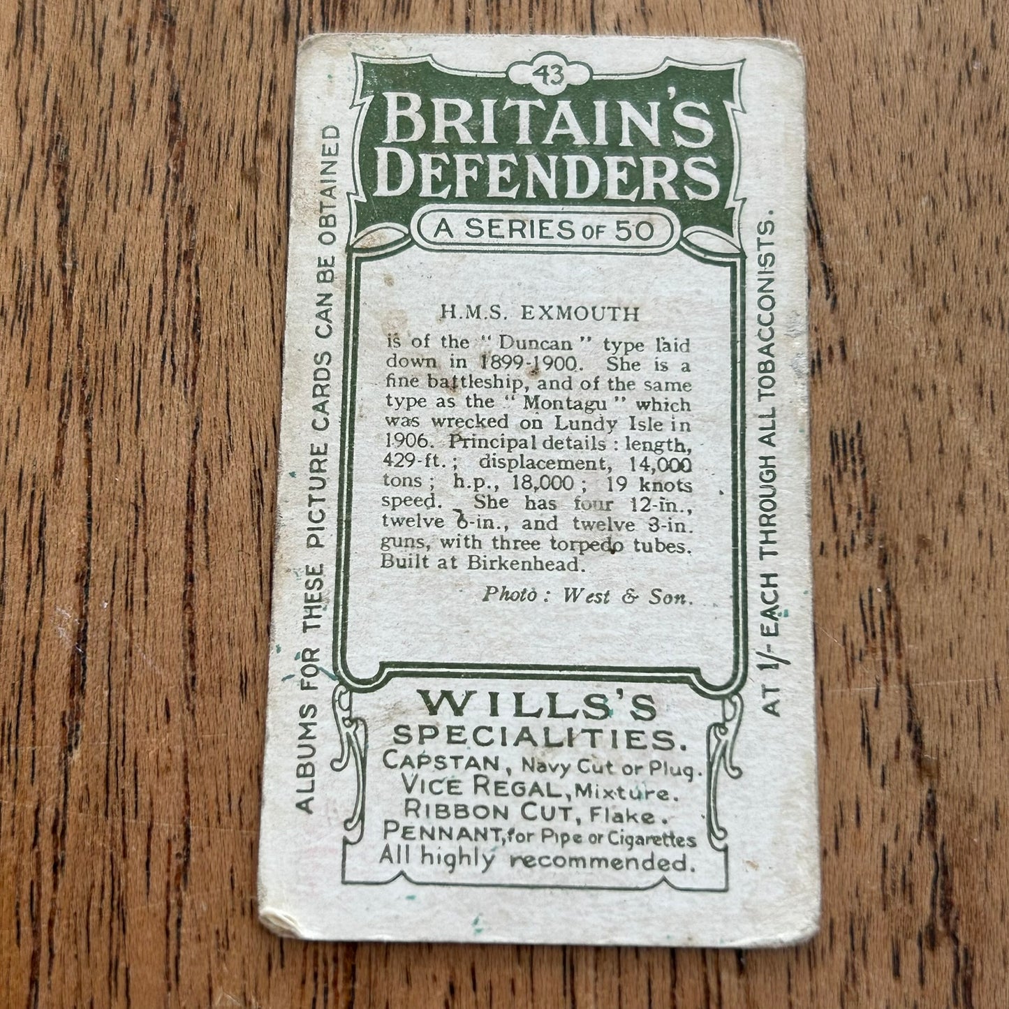 Wills Cigarette Cards - Britain's Defenders (Green back) - 1915 - Sold Individually - Please pick from the drop-down menu
