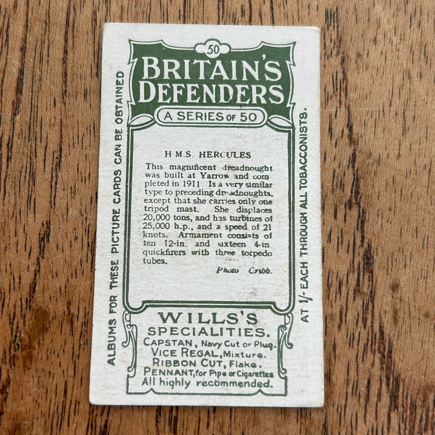 Wills Cigarette Cards - Britain's Defenders (Green back) - 1915 - Sold Individually - Please pick from the drop-down menu