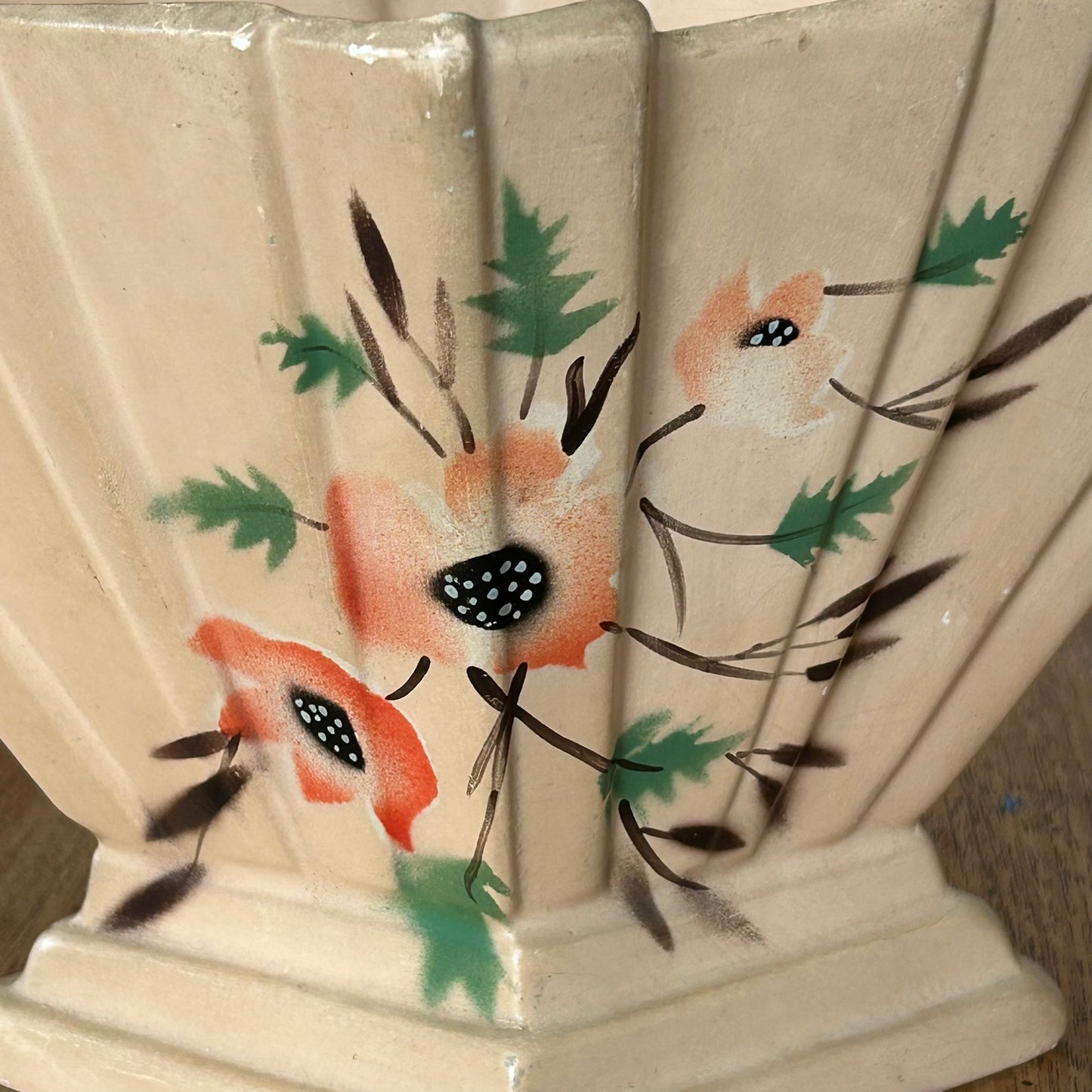 Vintage Art Deco 1930s Diamond Shape Mantle Vase - Peach Colour With Hand Painted Poppy / Anemone Design