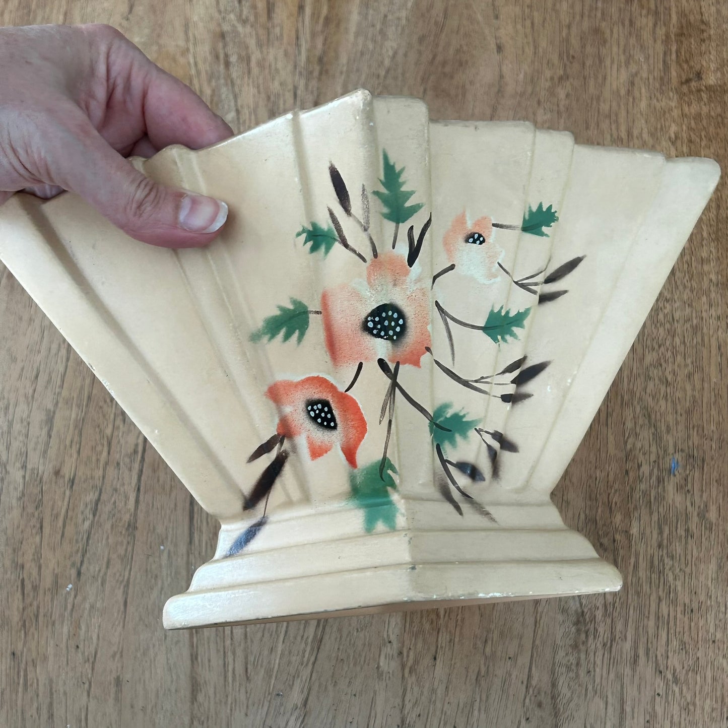 Vintage Art Deco 1930s Diamond Shape Mantle Vase - Peach Colour With Hand Painted Poppy / Anemone Design