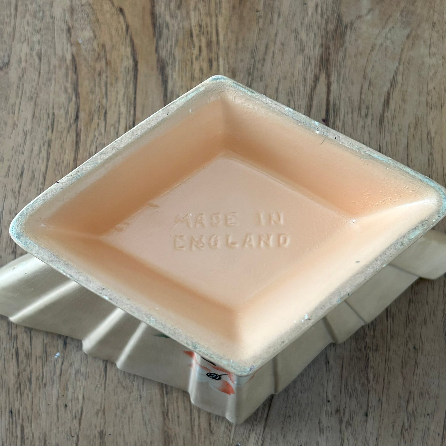 Vintage Art Deco 1930s Diamond Shape Mantle Vase - Peach Colour With Hand Painted Poppy / Anemone Design