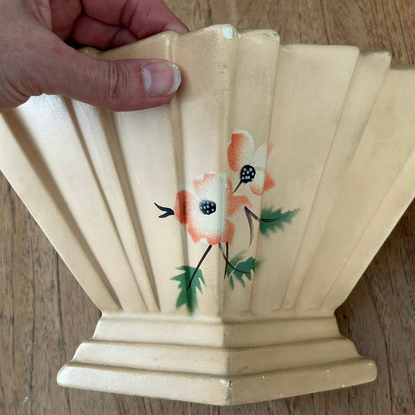 Vintage Art Deco 1930s Diamond Shape Mantle Vase - Peach Colour With Hand Painted Poppy / Anemone Design