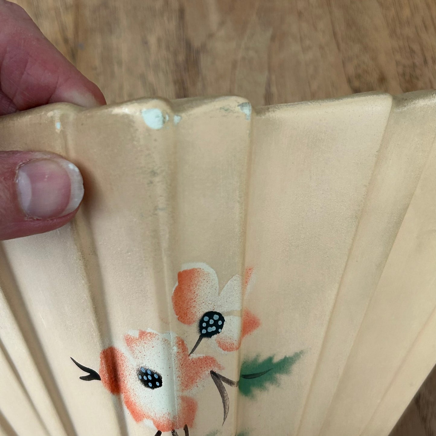 Vintage Art Deco 1930s Diamond Shape Mantle Vase - Peach Colour With Hand Painted Poppy / Anemone Design