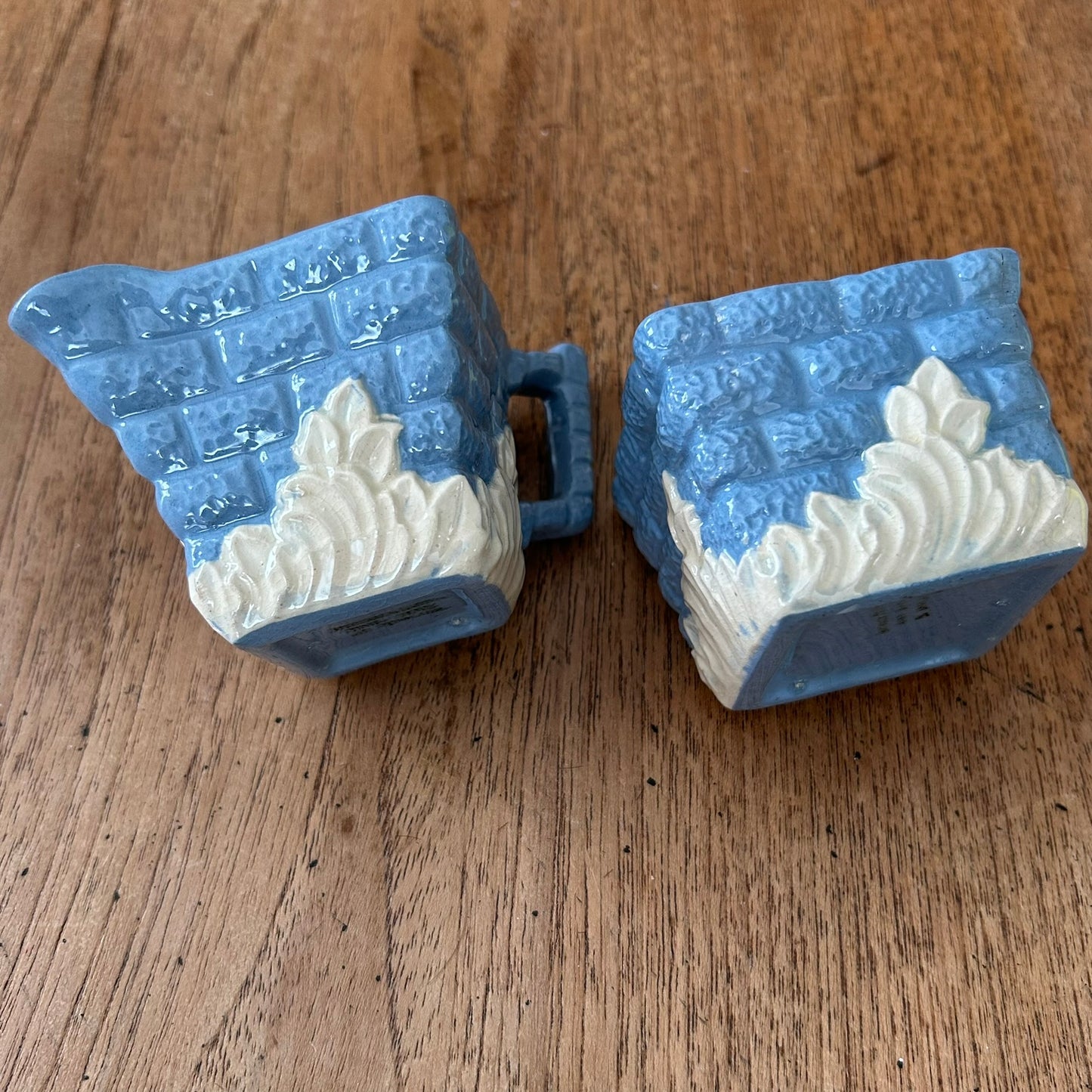 Vintage Small Sugar Bowl & Milk Jug / Creamer - Light blue majolica - Made in England - Brick design