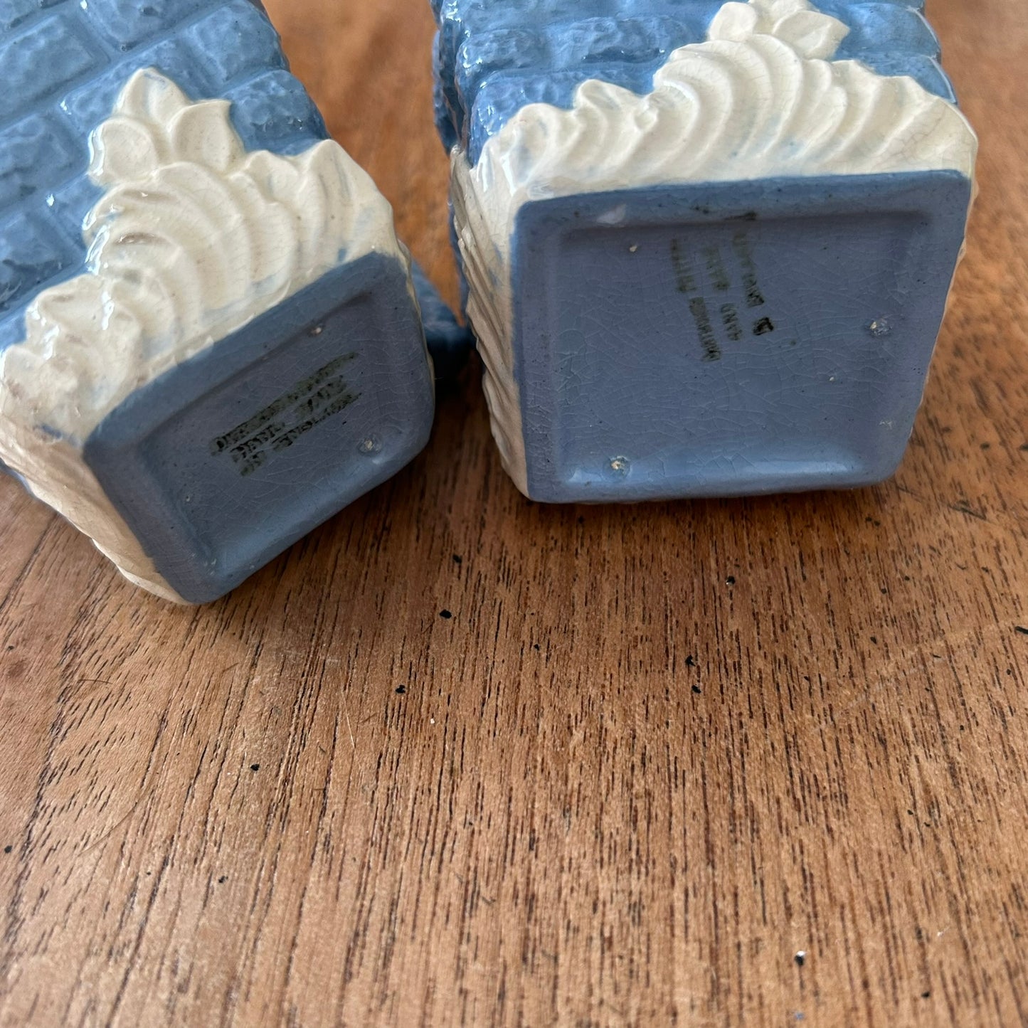 Vintage Small Sugar Bowl & Milk Jug / Creamer - Light blue majolica - Made in England - Brick design
