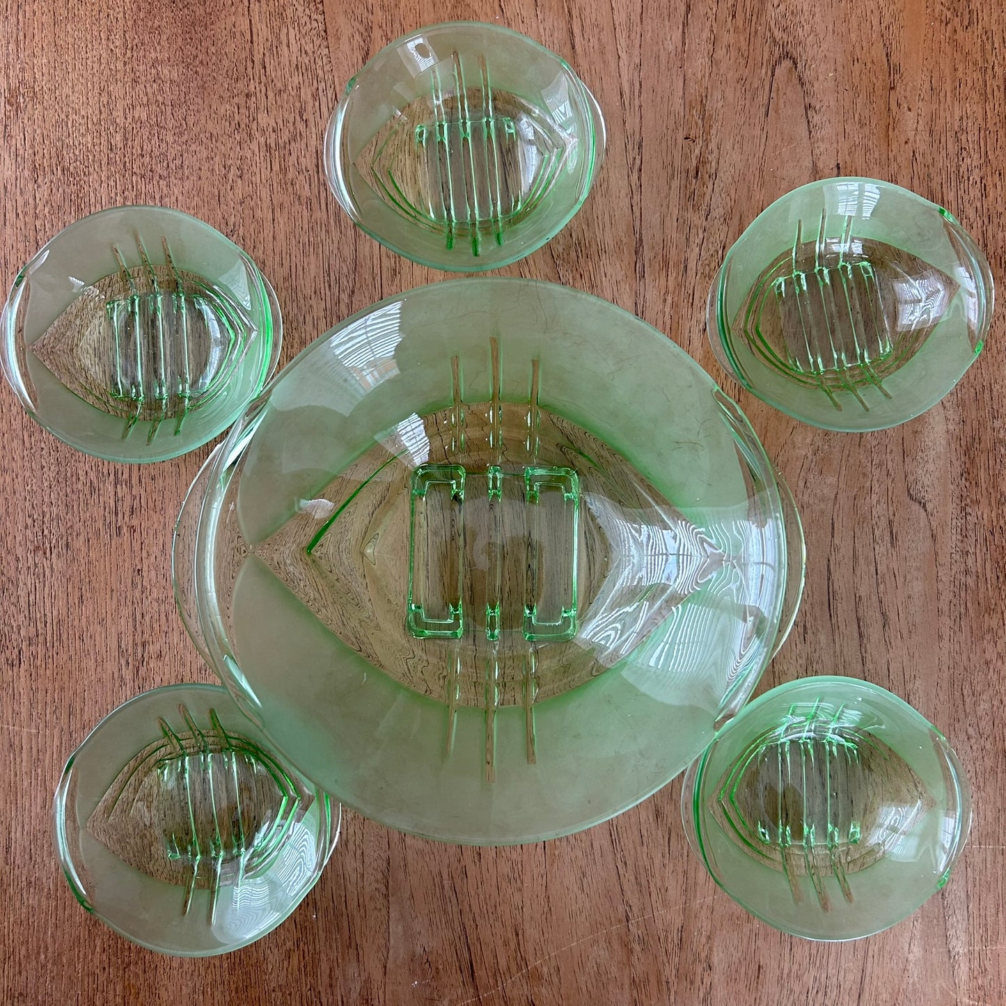 Vintage Art Deco Green Frosted Glass Dessert Bowl Set – 1930s Geometric Design with 5 Small Bowls & Large Serving Bowl
