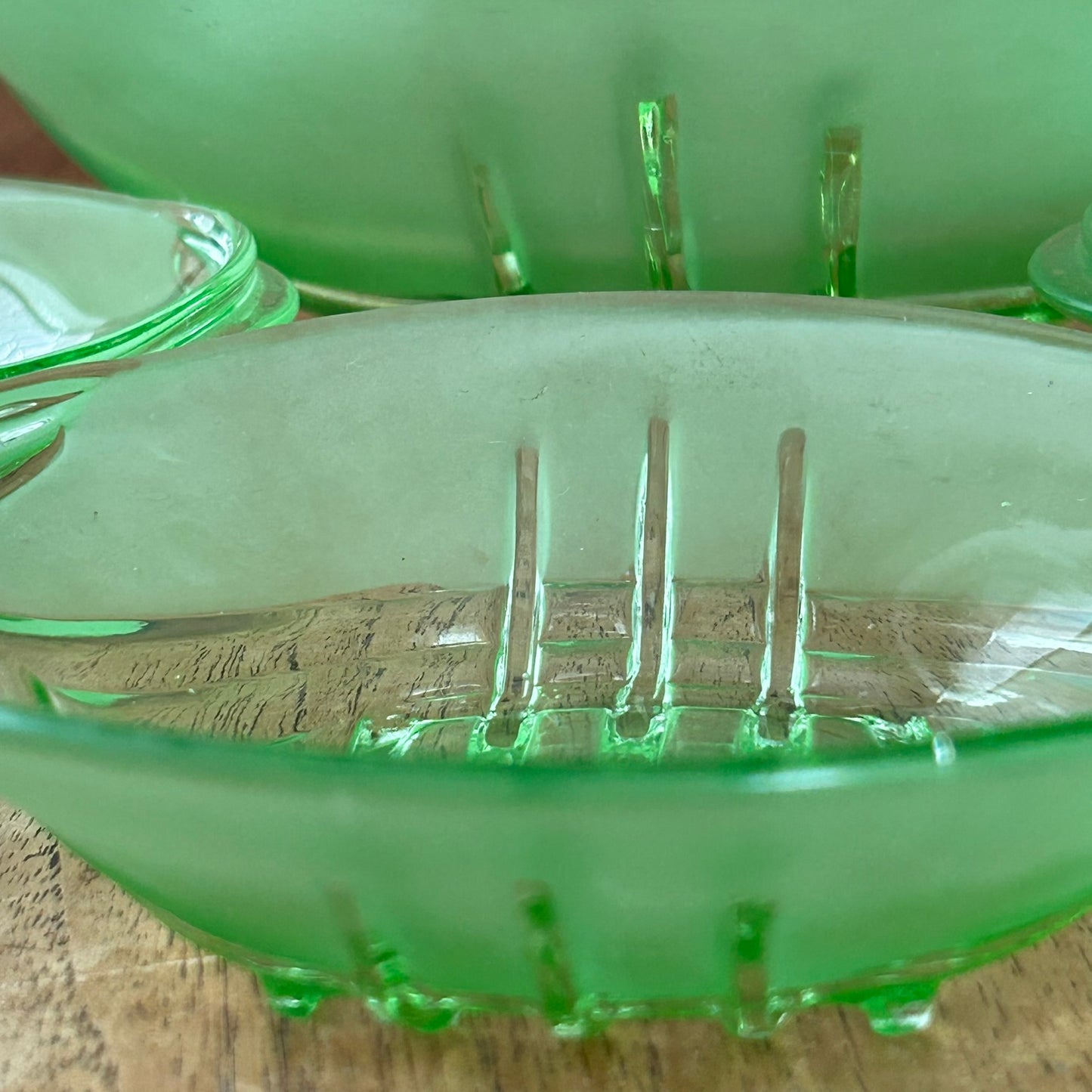 Vintage Art Deco Green Frosted Glass Dessert Bowl Set – 1930s Geometric Design with 5 Small Bowls & Large Serving Bowl