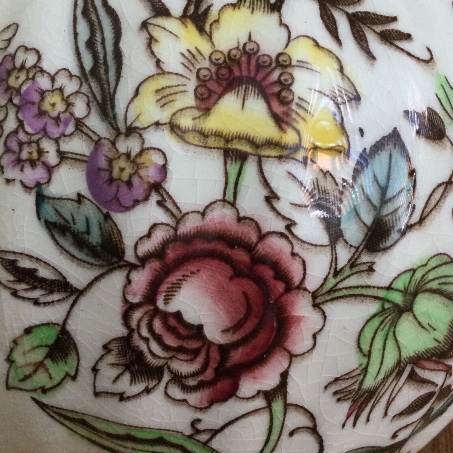 Pretty vintage floral jug Dee Cee cream pink yellow green pastels 12cm Cranbrook. Bulbous round shape.