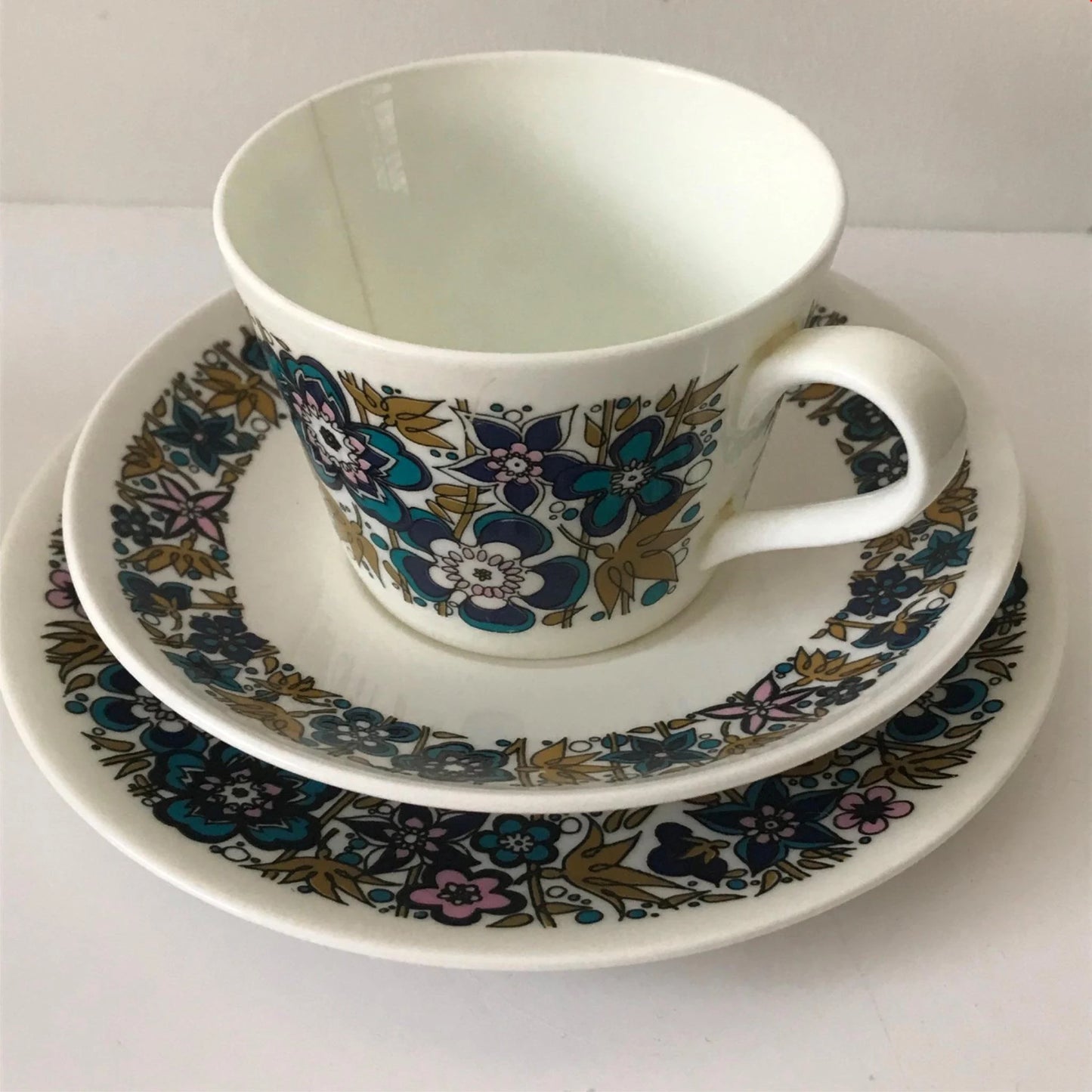 1970s Retro Trio - Cup, Saucer & Side Plate - Royal Tuscan Nocturne - Olive & Blue - Hairline Crack to Cup