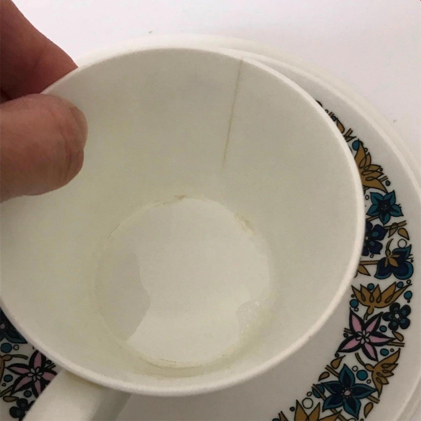 1970s Retro Trio - Cup, Saucer & Side Plate - Royal Tuscan Nocturne - Olive & Blue - Hairline Crack to Cup