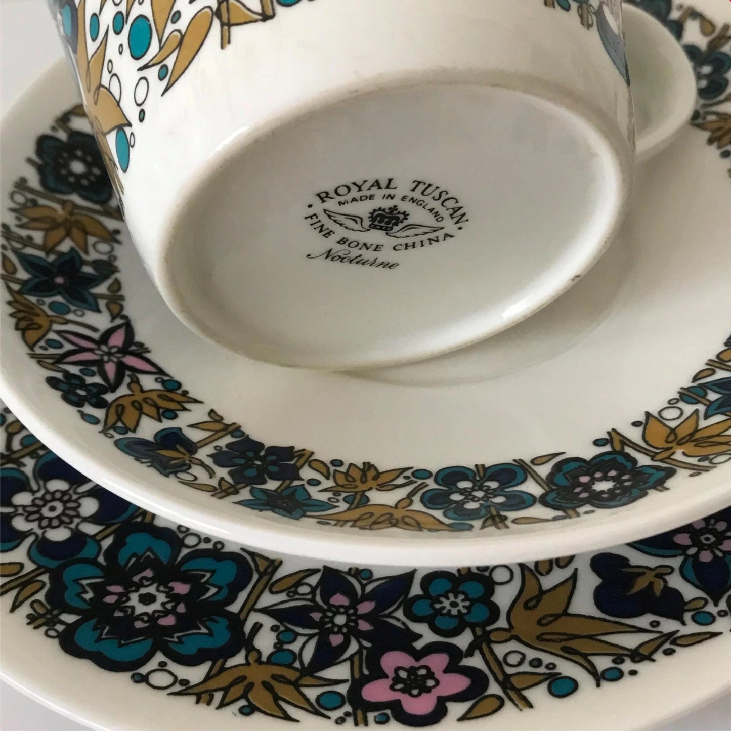 1970s Retro Trio - Cup, Saucer & Side Plate - Royal Tuscan Nocturne - Olive & Blue - Hairline Crack to Cup