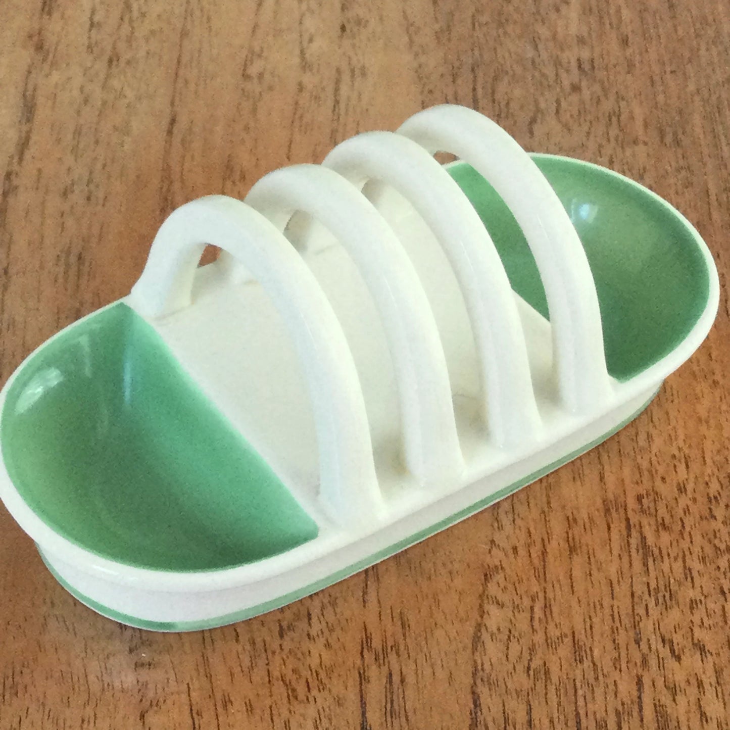 Susie Cooper Crown Works 1930s / 1940s Toast Rack. Green and cream. Some repairs- see photos. Small 5” 13cm length.