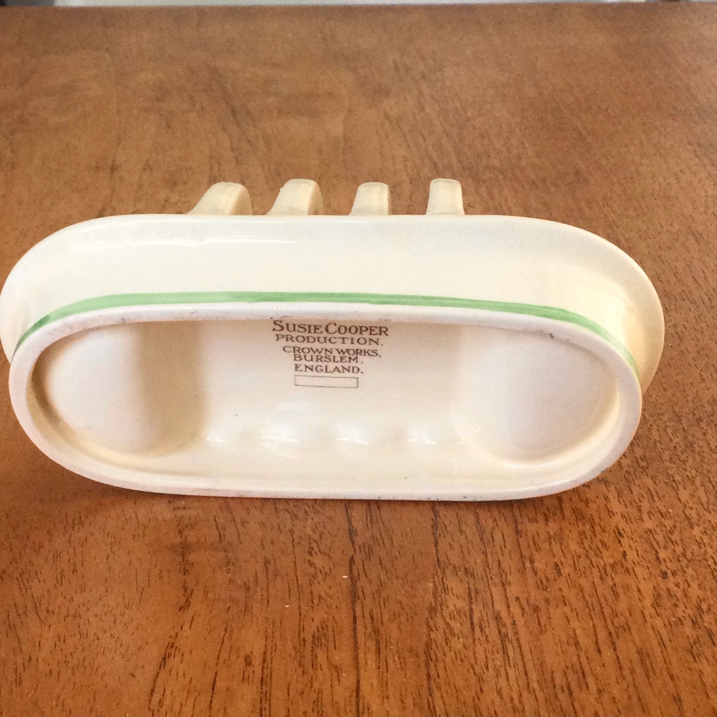 Susie Cooper Crown Works 1930s / 1940s Toast Rack. Green and cream. Some repairs- see photos. Small 5” 13cm length.