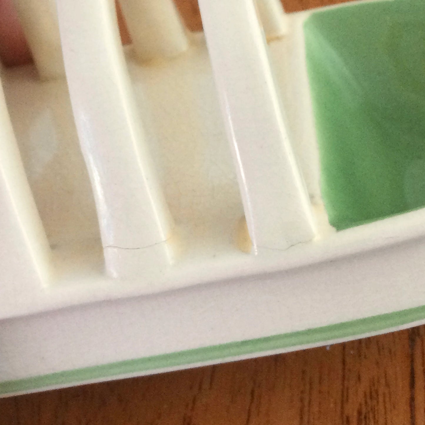 Susie Cooper Crown Works 1930s / 1940s Toast Rack. Green and cream. Some repairs- see photos. Small 5” 13cm length.