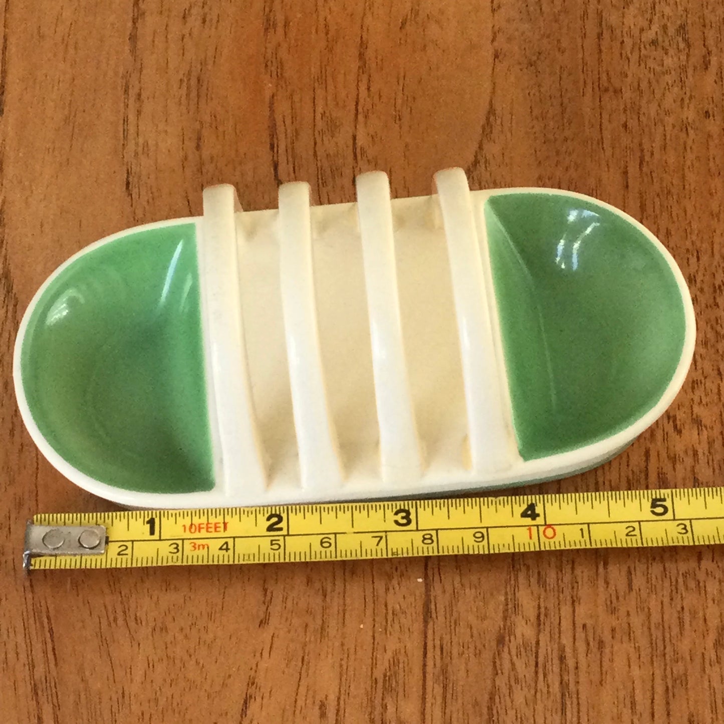 Susie Cooper Crown Works 1930s / 1940s Toast Rack. Green and cream. Some repairs- see photos. Small 5” 13cm length.