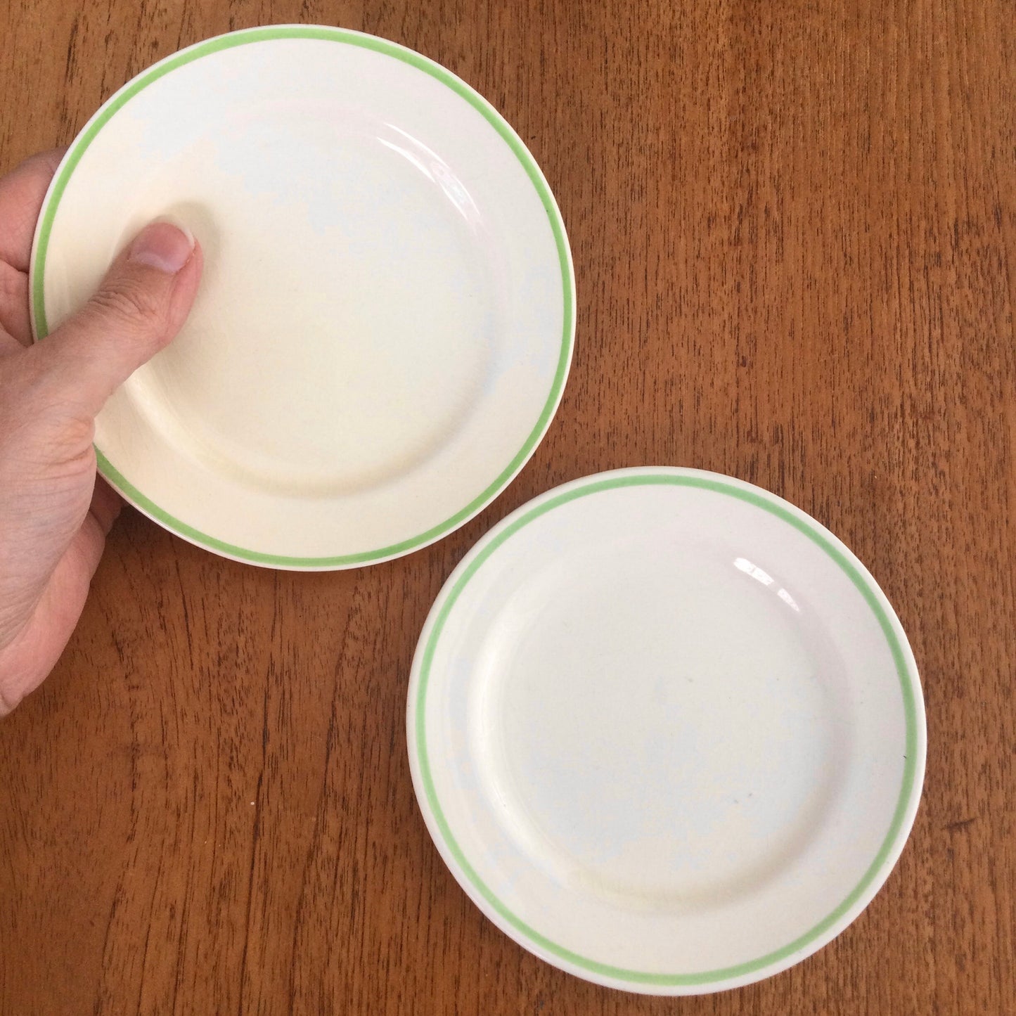 Susie Cooper 5” appetiser plates x 2 Green Band. For Wood & Sons. 1930s. Small plates.