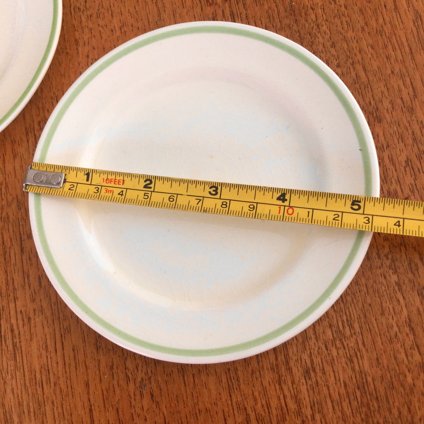 Susie Cooper 5” appetiser plates x 2 Green Band. For Wood & Sons. 1930s. Small plates.